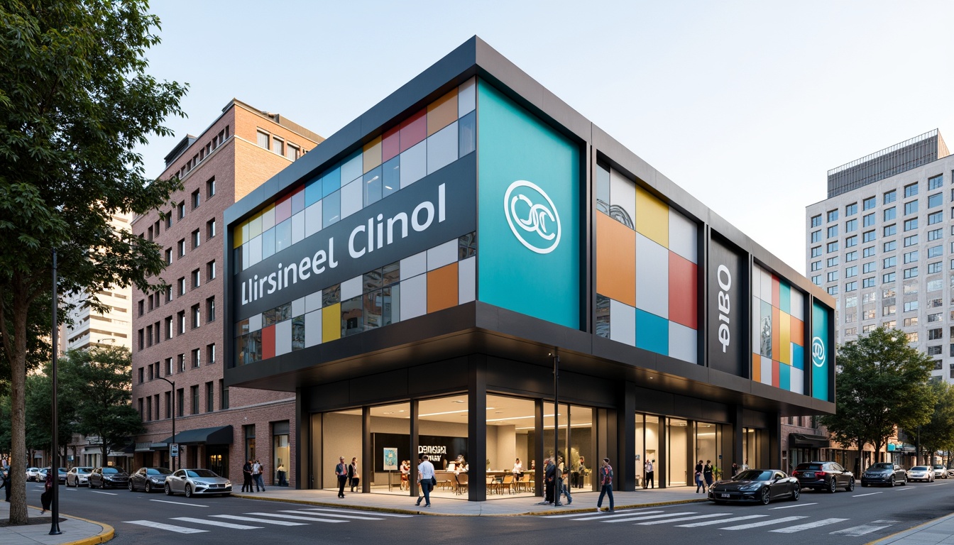 Prompt: Geometric dental clinic facade, rectangular forms, clean lines, minimal ornamentation, functional simplicity, industrial materials, steel frames, large glass windows, cantilevered roofs, asymmetrical compositions, bold color schemes, primary colors, typography-inspired signage, urban cityscape, busy street scene, morning sunlight, soft shadows, shallow depth of field, 2/3 composition, realistic textures, ambient occlusion.