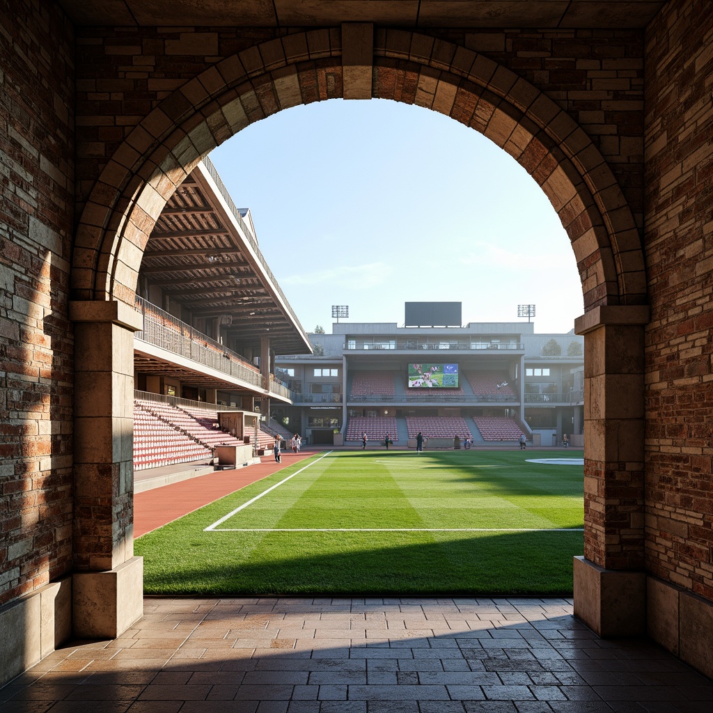 Prompt: Grand stadium architecture, rustic masonry walls, arches, columns, ornate stone carvings, textured brick facades, earthy tones, natural materials, imposing grandstands, tiered seating, lush green fields, athletic tracks, scoreboard displays, floodlighting, dramatic shadows, 1/2 composition, low-angle shot, realistic textures, ambient occlusion.