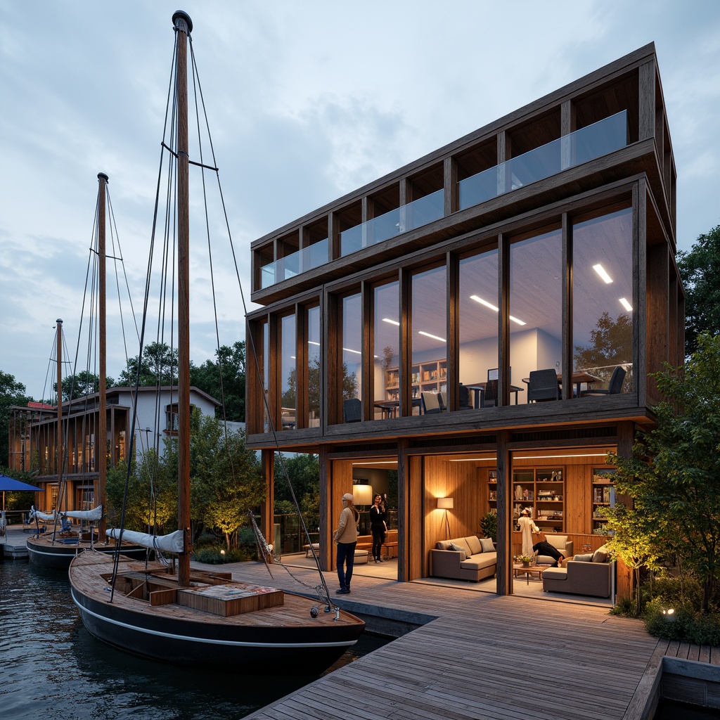 Prompt: Waterfront boathouse, rustic wooden dock, nautical ropes, sailboat masts, weathered wood accents, corrugated metal roofing, glass-enclosed observation deck, cantilevered upper floor, angular steel beams, industrial-style lighting fixtures, reclaimed wood interior, cozy reading nooks, plush furnishings, warm ambient lighting, shallow depth of field, 1/1 composition, realistic textures, soft focus effect.