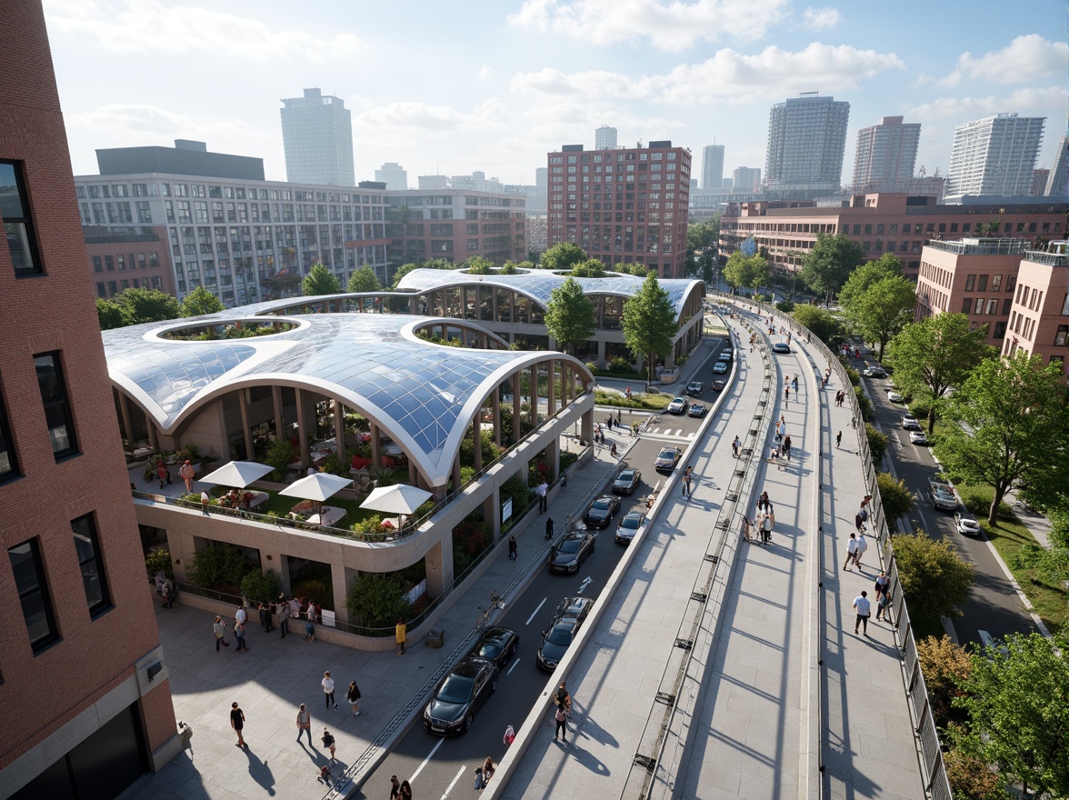 Prompt: Futuristic pedestrian bridge, sleek metal arches, LED lighting systems, solar panels, wind turbines, green roofs, eco-friendly materials, innovative cooling technologies, shaded outdoor spaces, misting systems, modern urban landscape, bustling city streets, vibrant street art, dynamic crowd simulations, realistic reflections, shallow depth of field, 3/4 composition, panoramic view, ambient occlusion.