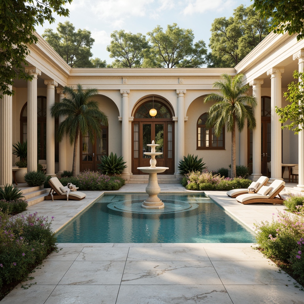 Prompt: Elegant poolside, soft cream marble, warm beige stone, ornate fountain, classical columns, symmetrical architecture, lush greenery, vibrant flowers, subtle water features, gentle ripples, serene atmosphere, natural light, warm golden lighting, shallow depth of field, 1/1 composition, realistic textures, ambient occlusion, calming color palette, soft blues, creamy whites, muted golds, earthy tones.