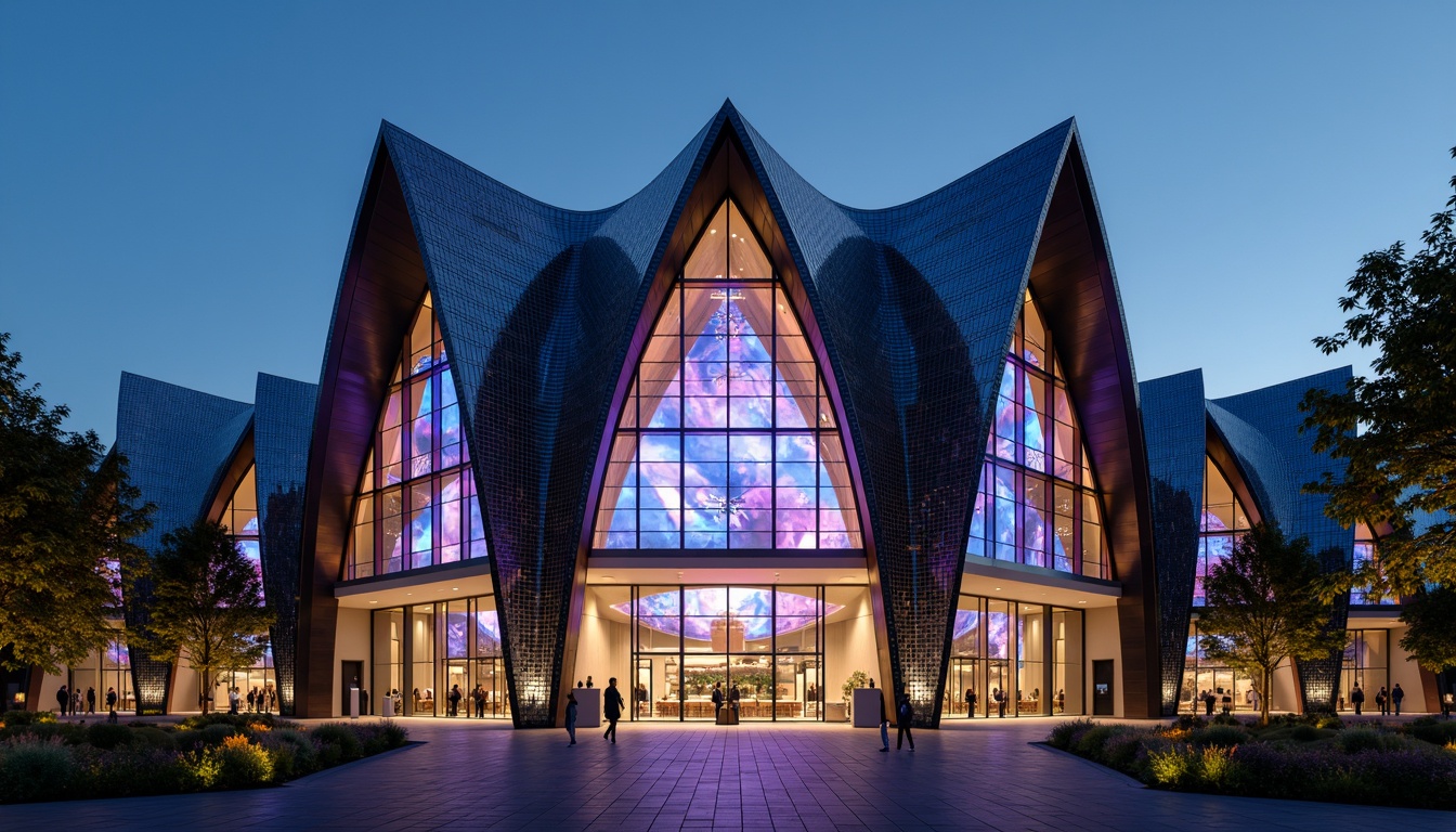 Prompt: Futuristic church facade, neon-lit crosses, iridescent stained glass windows, holographic projections, metallic mesh exteriors, parametric architecture, undulating curves, glowing LED accents, cantilevered roofs, angular lines, minimalist ornamentation, sustainable energy harvesting systems, solar panels, wind turbines, water conservation systems, green roofs, eco-friendly materials, innovative cooling technologies, shaded outdoor spaces, misting systems, futuristic sculptures, vibrant colorful textiles, intricate geometric motifs, 3/4 composition, panoramic view, realistic textures, ambient occlusion.