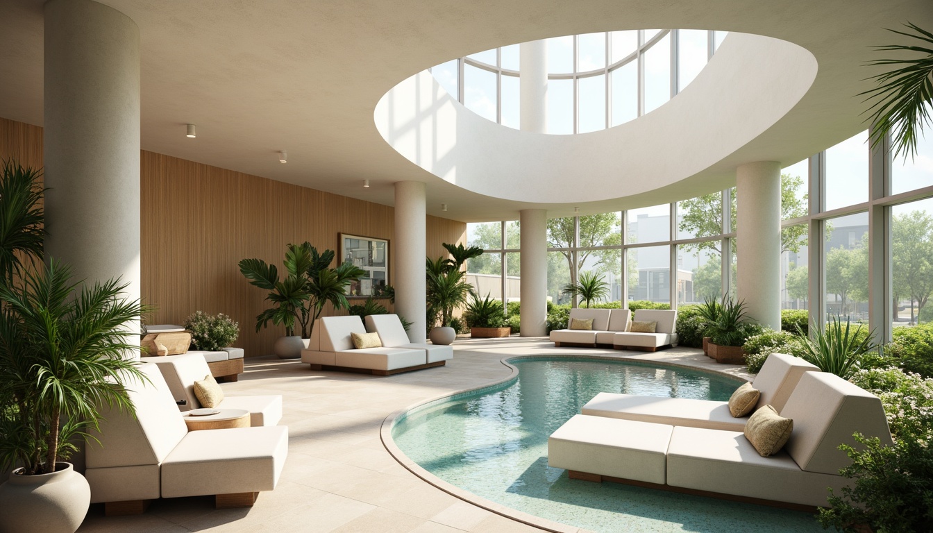 Prompt: Soothing healthcare facility, calming atmosphere, gentle curves, natural materials, earthy tones, muted greens, blues and whites, warm beige accents, soft pastel hues, comforting lighting, subtle texture overlays, organic shapes, serene botanical elements, peaceful water features, minimalist decor, airy open spaces, abundant natural light, shallow depth of field, 1/1 composition, realistic renderings, ambient occlusion.