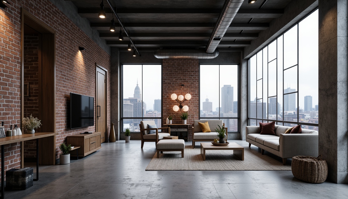 Prompt: Industrial chic loft, exposed brick walls, metal beams, polished concrete floors, sleek modern furniture, minimalist decor, neutral color palette, monochromatic tones, metallic accents, LED lighting, futuristic ambiance, high-tech gadgets, urban cityscape views, cloudy day, soft diffused light, shallow depth of field, 1/1 composition, realistic textures, ambient occlusion.