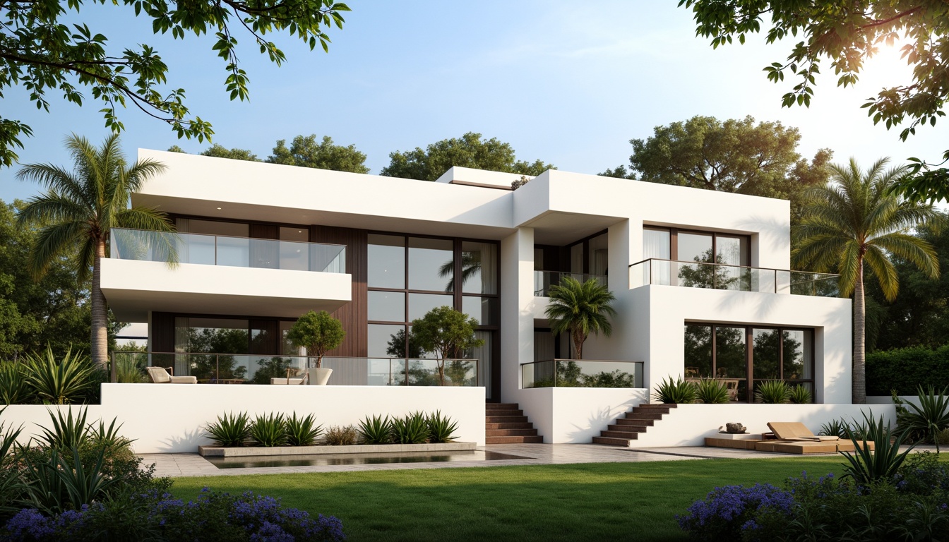 Prompt: Luxurious villa, modernist facade, clean lines, minimal ornamentation, large windows, sliding glass doors, white stucco walls, flat roofs, cantilevered balconies, steel railings, lush greenery, tropical plants, palm trees, sunny day, soft warm lighting, shallow depth of field, 3/4 composition, panoramic view, realistic textures, ambient occlusion.