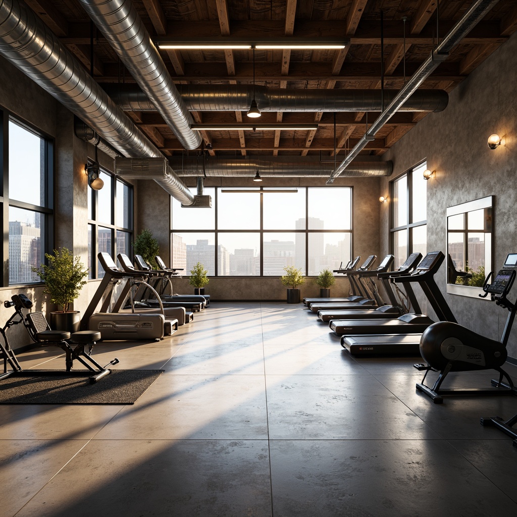 Prompt: Industrial chic fitness club, exposed ductwork, polished concrete floors, reclaimed wood accents, metal beams, floor-to-ceiling windows, natural lighting, urban cityscape views, morning sunlight, soft warm glow, high ceilings, open spaces, modern exercise equipment, free weights, treadmills, yoga mats, mirrored walls, minimalist decor, industrial-style lighting fixtures, steel columns, raw concrete textures, 1/1 composition, shallow depth of field, realistic reflections.