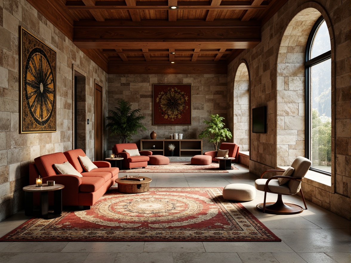 Prompt: Richly textured stone walls, warm wooden accents, soft plush carpets, metallic sheen, glassy reflections, natural fiber rugs, tactile concrete surfaces, intricate mosaic patterns, ambient lighting, cozy nooks, inviting seating areas, luxurious fabrics, earthy tones, organic shapes, serene atmosphere, shallow depth of field, 3/4 composition, realistic renderings.