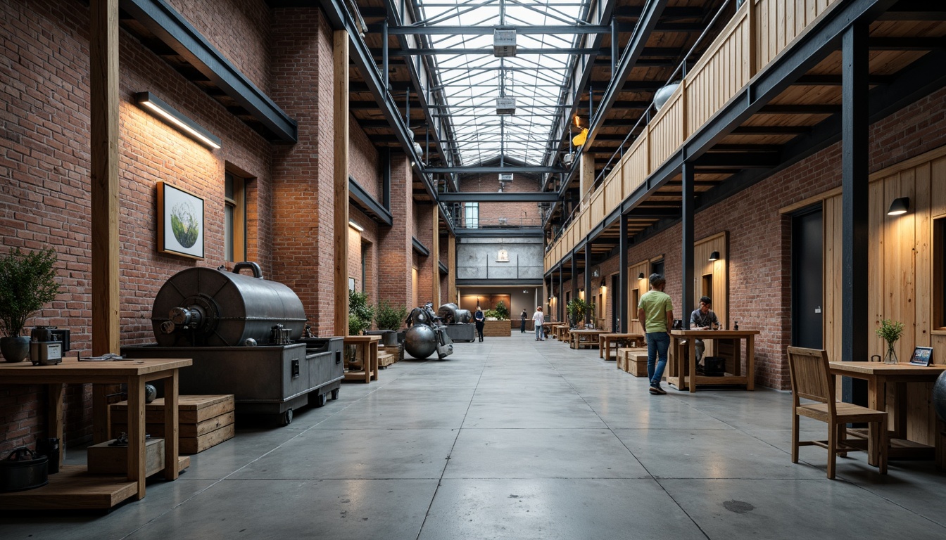 Prompt: Industrial factory setting, exposed brick walls, metal beams, concrete floors, minimalist decor, functional machinery, textured surfaces, distressed wood accents, industrial lighting fixtures, urban atmosphere, cloudy day, soft diffused lighting, shallow depth of field, 1/1 composition, realistic materials, ambient occlusion.