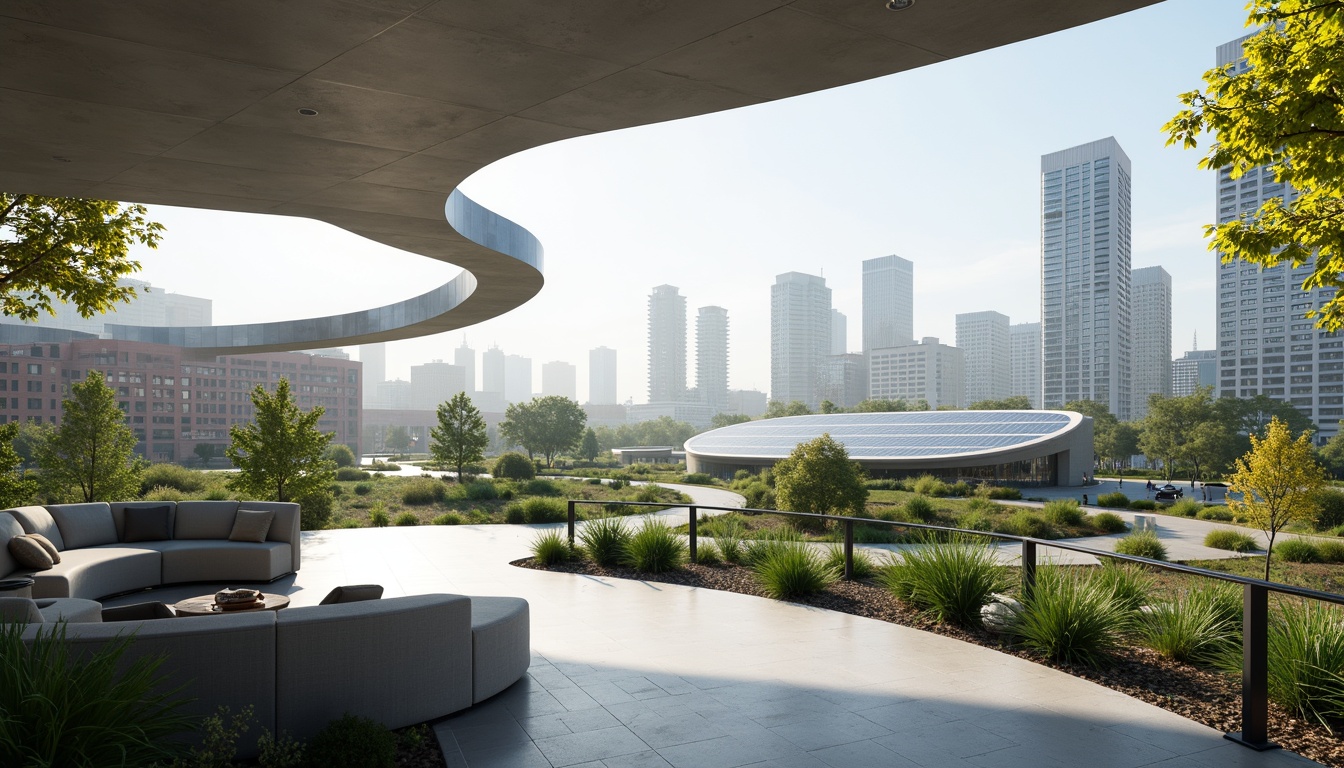 Prompt: Curved lines, minimalist design, open spaces, natural light, sleek metal structures, glass roofs, modernist architecture, futuristic vibes, urban landscape, cityscape views, morning sunlight, soft shadows, shallow depth of field, 1/1 composition, realistic textures, ambient occlusion, vibrant greenery, abstract sculptures, innovative materials, sustainable energy systems.