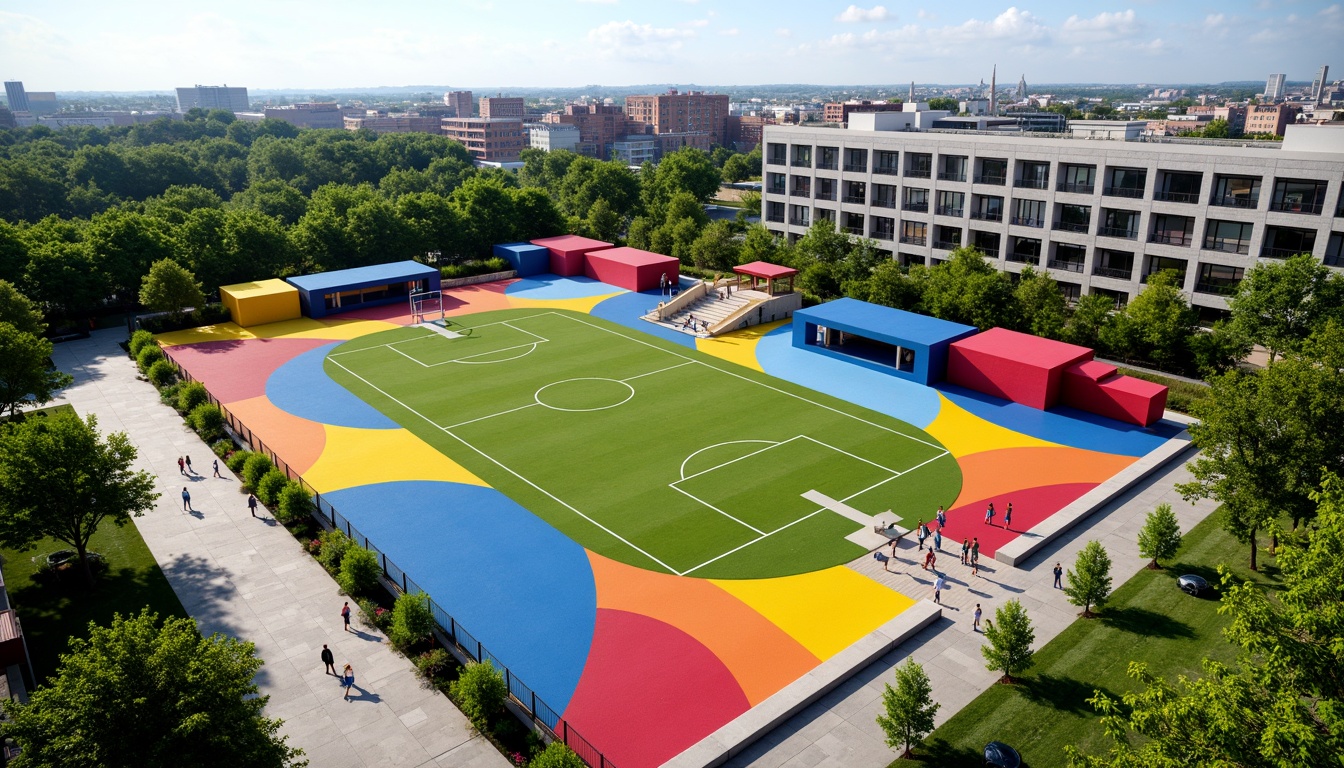 Prompt: Vibrant sports fields, eclectic mix of materials, bold color blocking, dynamic shapes, abstract patterns, modernist architecture, functional zones, athletic tracks, soccer goals, basketball courts, tennis nets, spectator seating, shaded areas, natural grass, artificial turf, urban landscape, city skyline, sunny day, dramatic lighting, high contrast, 1/2 composition, wide-angle lens, realistic textures, ambient occlusion.