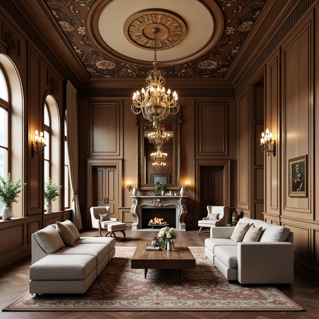 Prompt: Elegant classicism style homes, ornate furnishings, rich wood tones, luxurious fabrics, intricate moldings, high ceilings, grand chandeliers, symmetrical compositions, neutral color palette, subtle textures, refined lighting fixtures, sophisticated accessories, vintage decorative pieces, plush area rugs, statement walls, ornamental mirrors, lavish drapery, soft warm ambiance, shallow depth of field, 1/1 composition, realistic renderings, ambient occlusion.