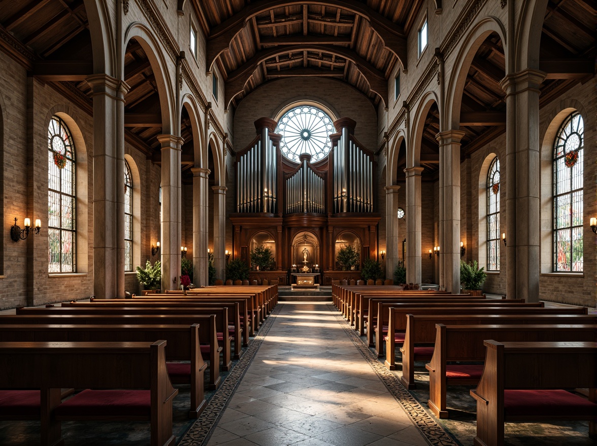 Prompt: Ancient stone walls, ornate wooden pews, stained glass windows, intricate marble floors, rustic brick arches, vaulted ceilings, grandiose pipe organs, luxurious velvet drapes, weathered copper roofs, distressed wood accents, smooth limestone columns, ornamental metalwork, mystical ambiance, warm soft lighting, high contrast ratio, dramatic shadows, 1/2 composition, symmetrical framing, realistic reflections, subtle ambient occlusion.