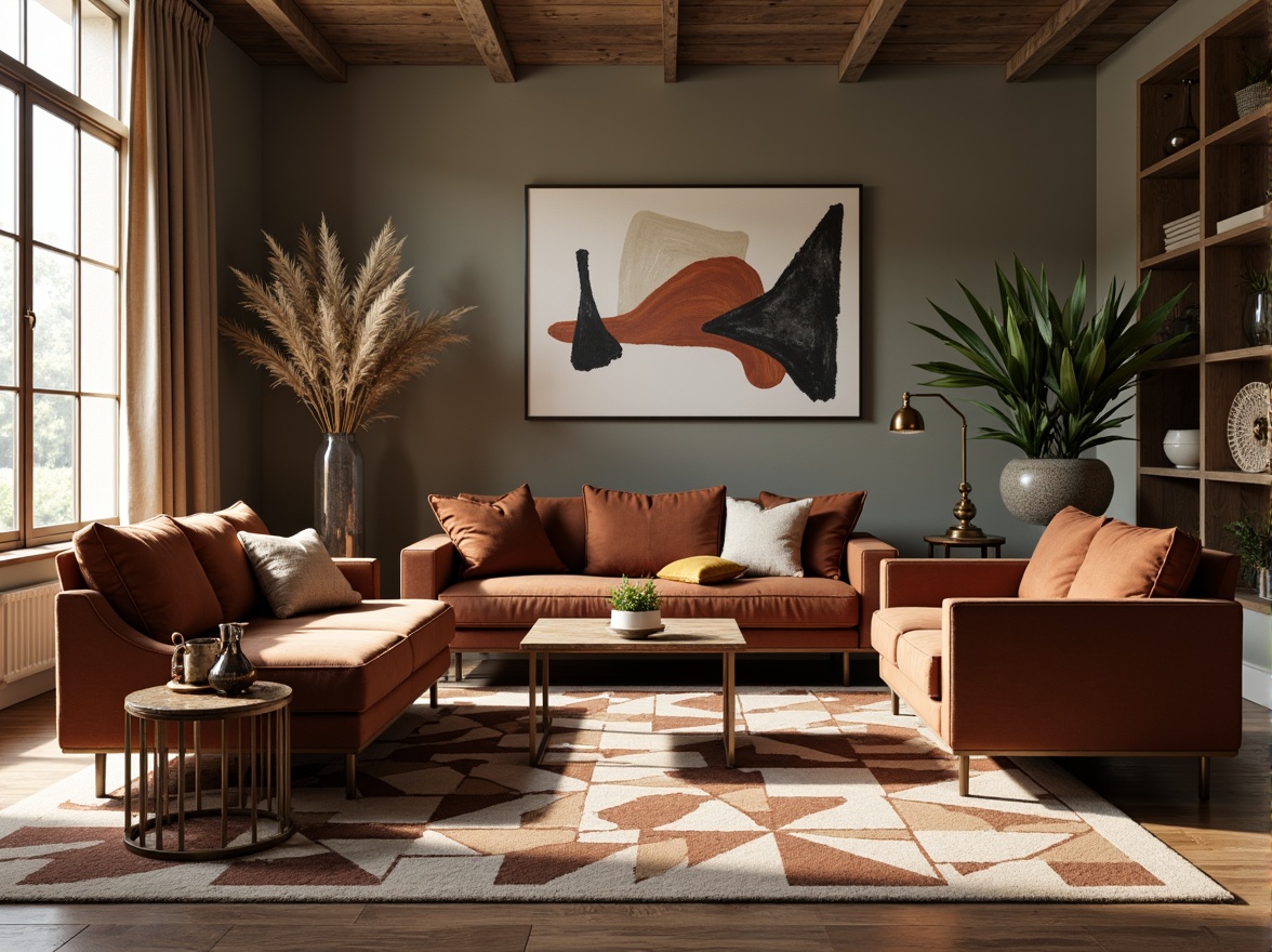 Prompt: Mid-century modern living room, plush velvet sofas, geometric patterned rugs, minimalist coffee tables, industrial metal lamps, abstract artwork, natural fiber textiles, woven baskets, organic shapes, earthy color palette, warm ambient lighting, shallow depth of field, 1/1 composition, soft focus, realistic fabrics, subtle texture details.