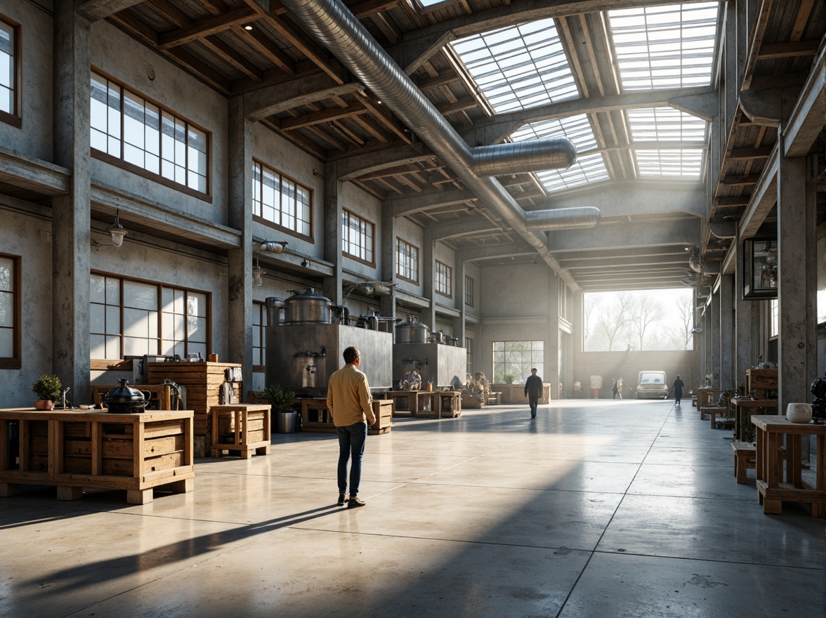 Prompt: Industrial factory setting, minimalist aesthetic, exposed ductwork, polished concrete floors, steel beams, large windows, clerestory windows, skylights, transparent roofs, natural light pouring in, soft warm glow, subtle shadows, industrial chic decor, reclaimed wood accents, metal machinery, functional simplicity, open floor plan, airy atmosphere, diffused lighting, 1/1 composition, realistic textures, ambient occlusion.