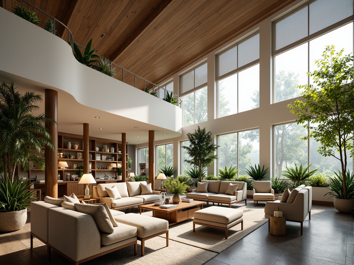 Prompt: Spacious open plan living area, high ceilings, large windows, natural light pouring in, comfortable seating areas, plush sofas, wooden coffee tables, vibrant greenery, potted plants, soft warm lighting, shallow depth of field, 3/4 composition, panoramic view, realistic textures, ambient occlusion, modern minimalist decor, sleek lines, calm color palette, acoustic panels, sound-absorbing materials, ergonomic furniture design, flowing traffic paths, visual connections between spaces.