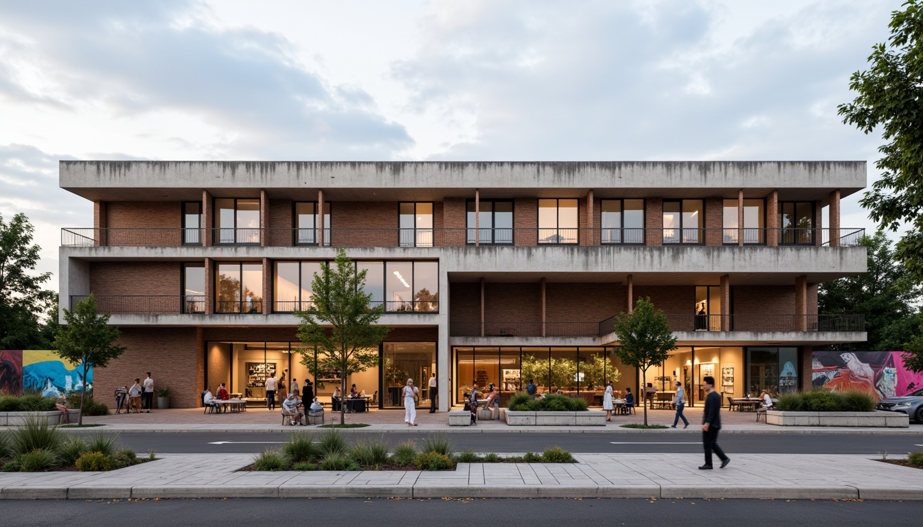 Prompt: Rustic community center, Bauhaus-inspired facade, rectangular forms, clean lines, industrial materials, exposed brick walls, steel beams, large windows, minimalist decor, functional simplicity, earthy color palette, natural textures, communal outdoor spaces, vibrant street art, urban landscape, cloudy sky, soft diffused lighting, 1/1 composition, realistic renderings, ambient occlusion.