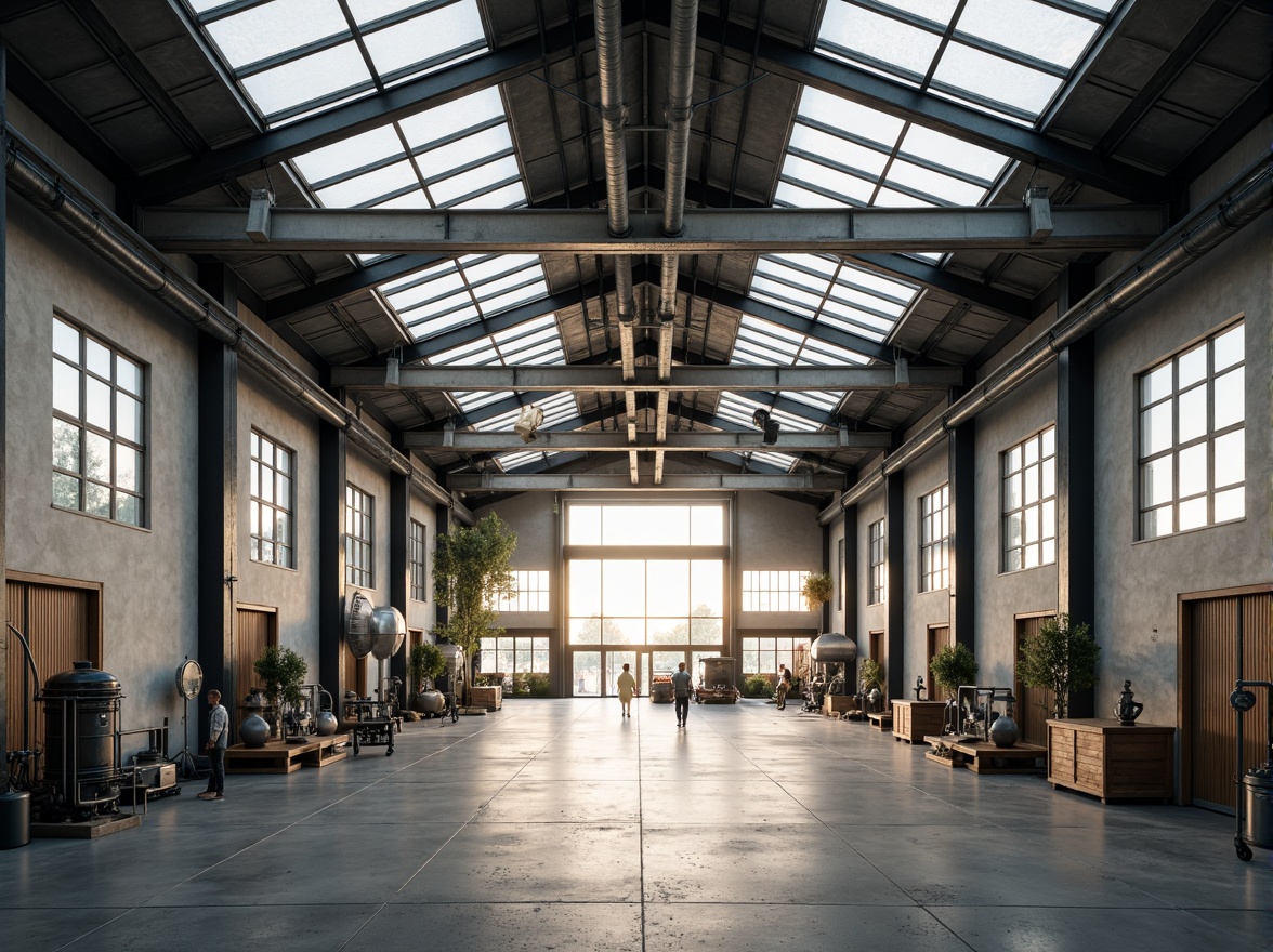 Prompt: Industrial factory setting, minimalist aesthetic, exposed ductwork, polished concrete floors, steel beams, large windows, clerestory windows, skylights, transparent roofs, natural light pouring in, soft warm glow, subtle shadows, industrial chic decor, reclaimed wood accents, metal machinery, functional simplicity, open floor plan, airy atmosphere, diffused lighting, 1/1 composition, realistic textures, ambient occlusion.