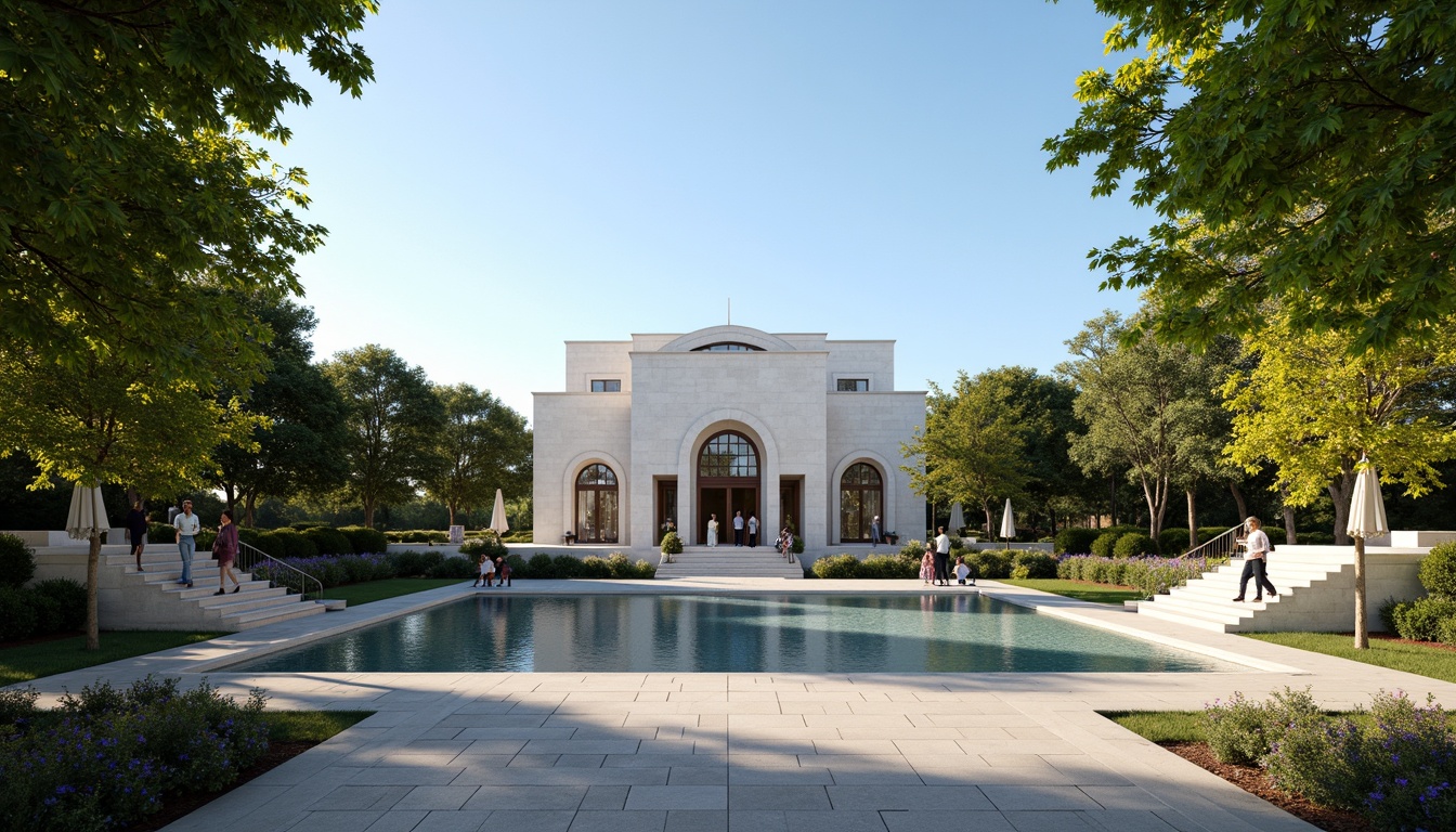 Prompt: Elegant memorial center, symmetrical architecture, solemn atmosphere, reverent ambiance, harmonious proportions, balanced composition, central axis, radial symmetry, circular motifs, arches, domes, grand entrance, sweeping staircases, ornate details, somber color palette, natural stone materials, subtle lighting, soft shadows, contemplative mood, peaceful surroundings, lush greenery, serene water features, majestic trees, cloudless blue sky, warm sunlight, shallow depth of field, 1/1 composition, realistic textures.