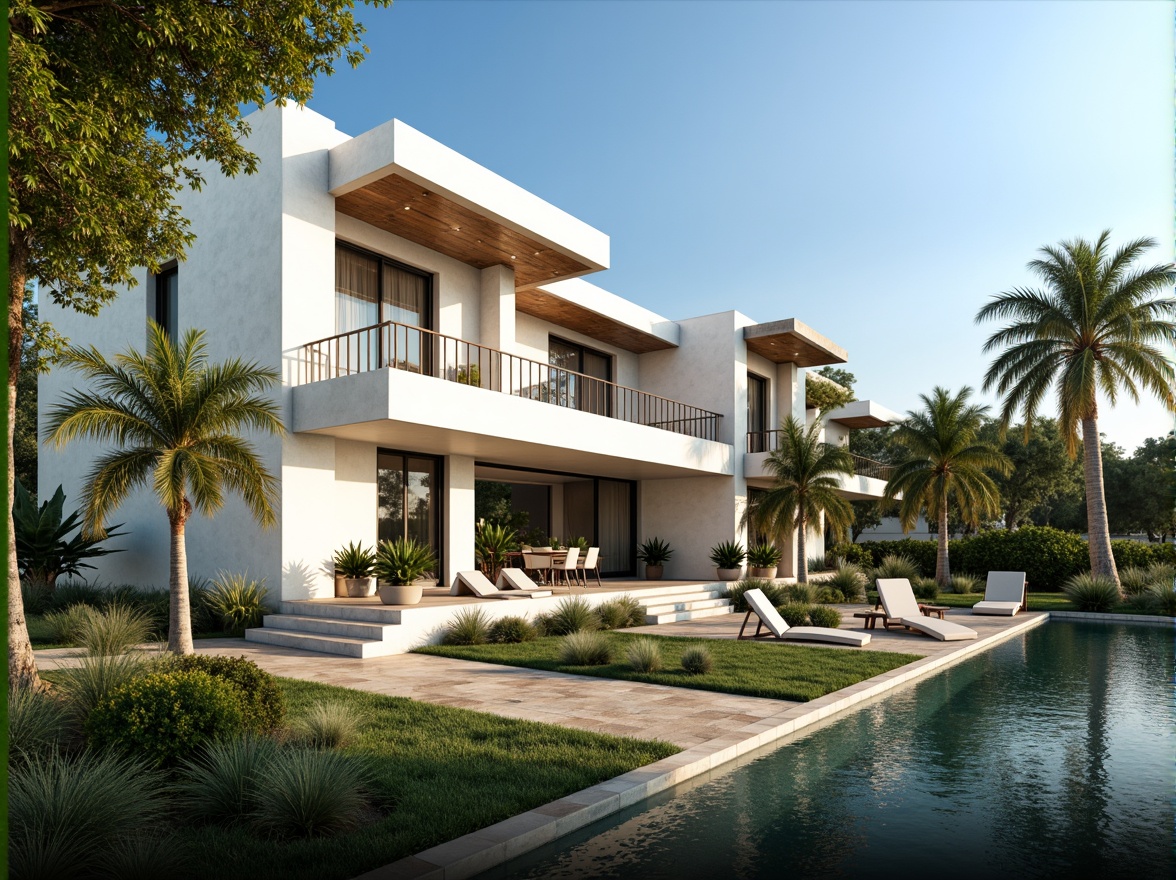 Prompt: Luxurious villa, modernist facade, clean lines, minimal ornamentation, large windows, sliding glass doors, white stucco walls, flat roofs, cantilevered balconies, steel railings, lush greenery, tropical plants, palm trees, sunny day, soft warm lighting, shallow depth of field, 3/4 composition, panoramic view, realistic textures, ambient occlusion.