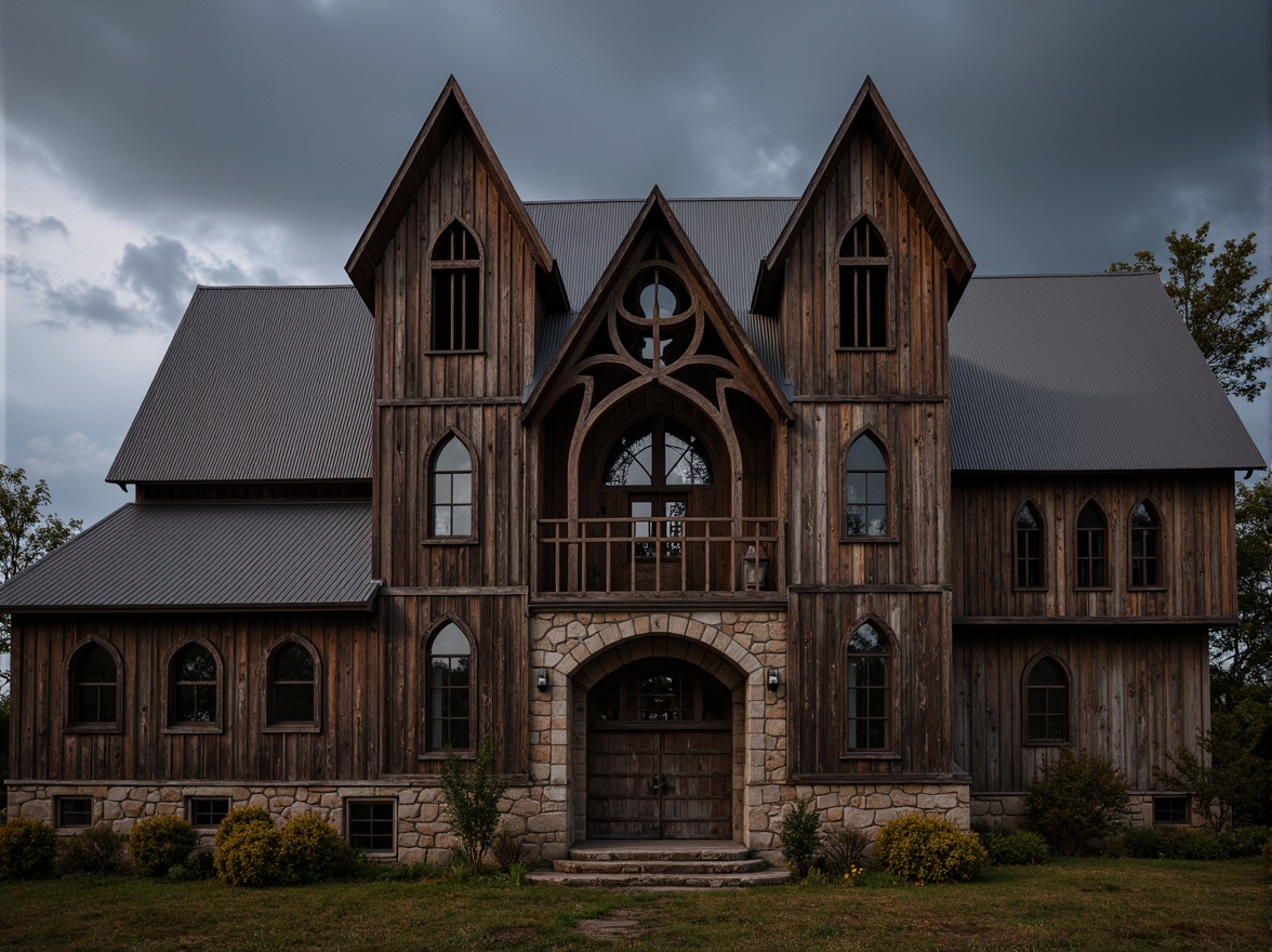 Prompt: Rustic barn, Gothic architectural style, weathered wooden cladding, corrugated metal sheets, stone walls, pointed arch windows, steeply pitched roofs, ornate tracery, intricate carvings, mysterious ambiance, misty morning, soft warm lighting, shallow depth of field, 1/1 composition, realistic textures, ambient occlusion.