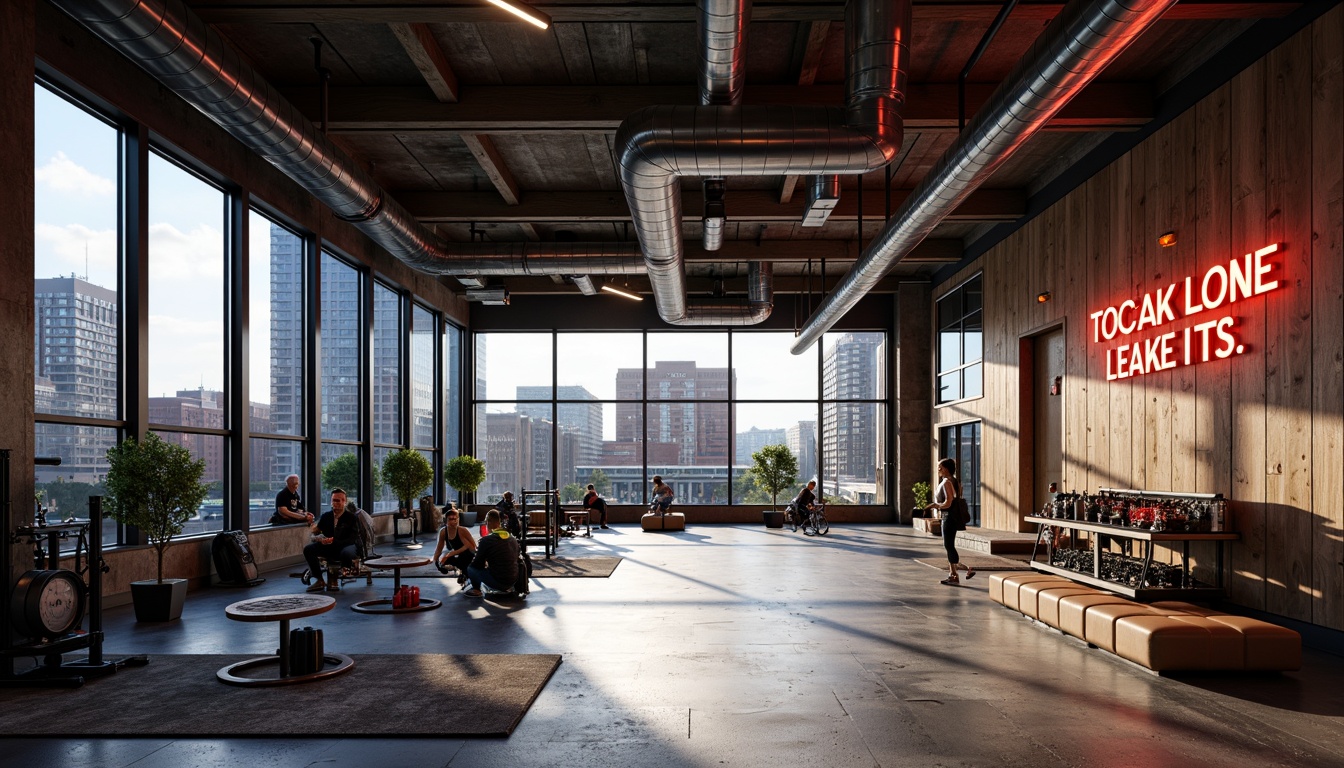 Prompt: Industrial chic fitness club, exposed ductwork, polished concrete floors, metallic accents, neon signage, LED lighting, urban cityscape, bustling streets, morning sunlight, shallow depth of field, 1/1 composition, realistic textures, ambient occlusion, reclaimed wood walls, steel beams, industrial-style windows, black metal frames, modern minimalist design, vibrant color scheme, motivational quotes, fitness equipment silhouettes.