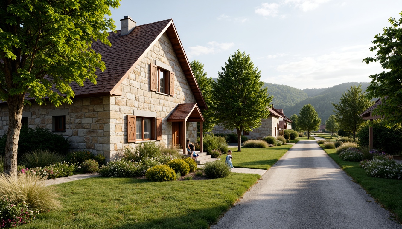 Prompt: Rustic rural cottage, natural stone walls, wooden shutters, earthy color palette, pitched roof, overhanging eaves, lush greenery, blooming wildflowers, winding country roads, serene countryside, warm sunny day, soft diffused lighting, shallow depth of field, 1/2 composition, intimate framing, realistic textures, ambient occlusion.