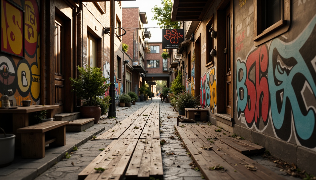 Prompt: Rustic wooden planks, distressed metal sheets, rough stone walls, vibrant graffiti murals, eclectic urban landscapes, gritty alleyways, worn brick facades, ornate architectural details, intricate mosaic patterns, warm golden lighting, shallow depth of field, 1/1 composition, realistic textures, ambient occlusion.