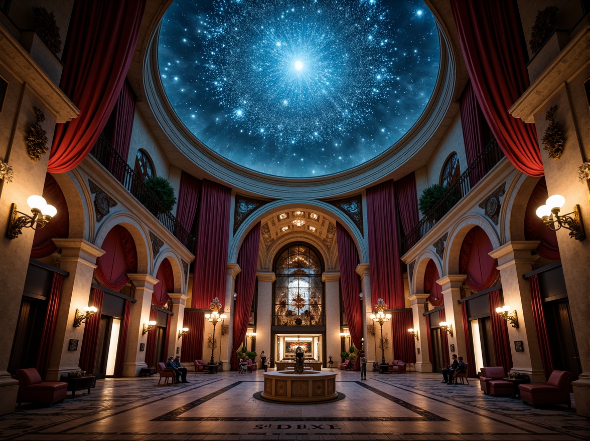 Prompt: Celestial dome structure, starry night sky, twinkling lights, romantic ambiance, soft warm glow, grandiose architecture, ornate details, Baroque-inspired design, sweeping curves, majestic proportions, luxurious materials, velvet drapes, golden accents, intricate frescoes, astronomical instruments, antique telescopes, mysterious shadows, dramatic lighting, 1/1 composition, shallow depth of field, cinematic atmosphere.