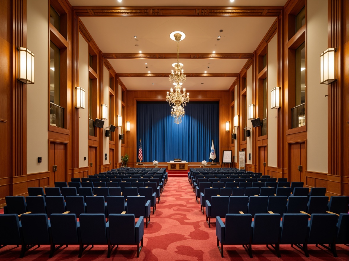 Prompt: Elegant auditorium interior, rich wood tones, warm beige walls, deep blue seats, golden lighting fixtures, sophisticated sound systems, acoustic panels, plush red carpets, dramatic stage lighting, grand chandeliers, ornate architectural details, luxurious velvet curtains, soft cream-colored ceilings, subtle texture contrasts, 1/2 composition, atmospheric misty lighting, realistic material reflections.