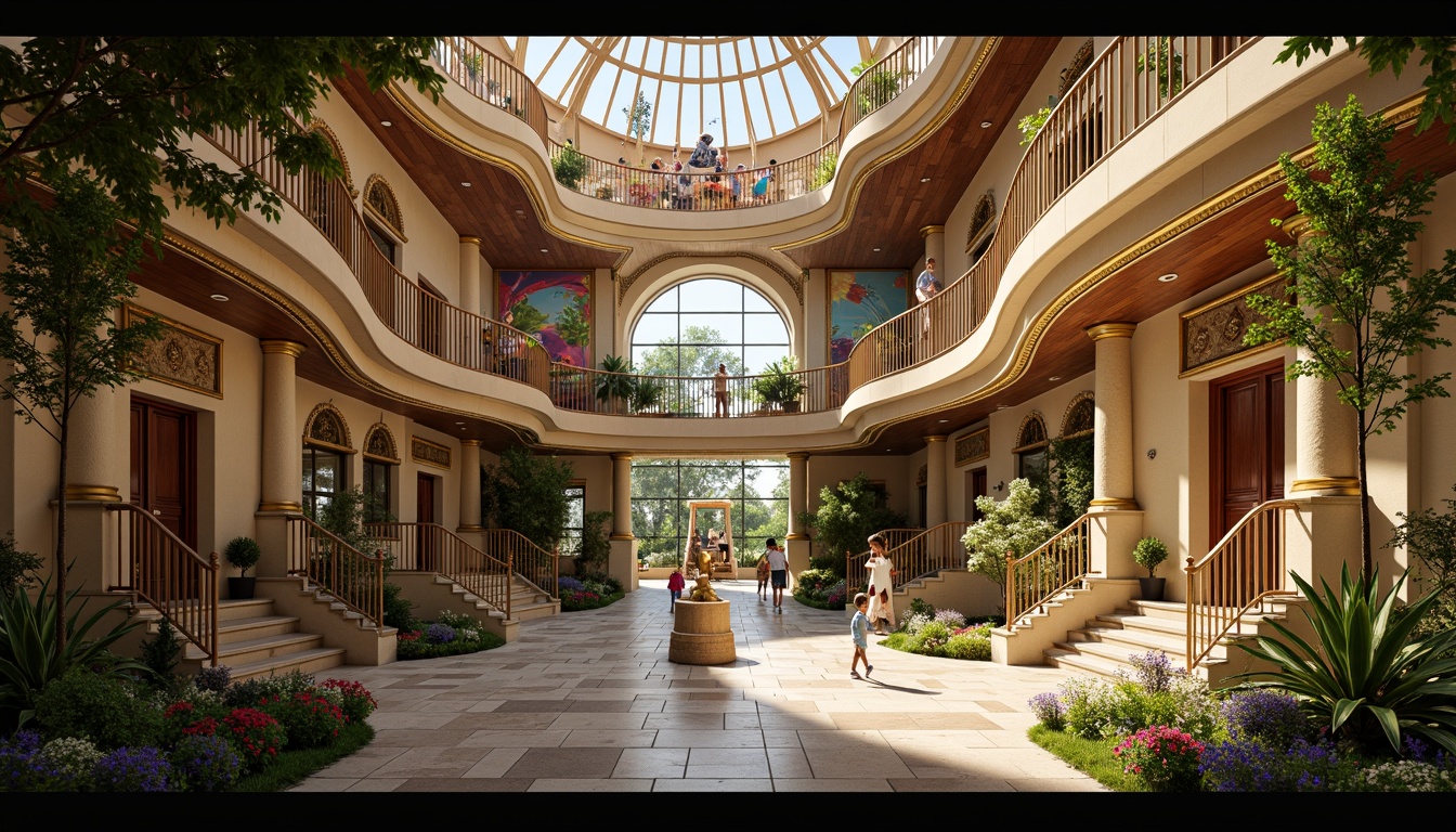 Prompt: Intricate kindergarten, ornate Baroque architecture, lavish decorations, golden accents, curved lines, grand entrance, sweeping staircases, opulent chandeliers, vibrant colorful murals, whimsical sculptures, playful fountains, lush greenery, soft warm lighting, shallow depth of field, 1/1 composition, realistic textures, ambient occlusion.