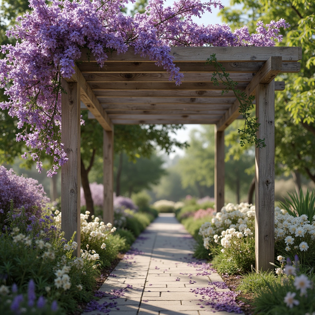 Prompt: Pastel purple flowers, delicate tendrils, soft lavender hues, gentle peach tones, creamy whites, warm beige accents, lush green foliage, whimsical garden scenes, romantic arbors, ornate ironwork, vintage distressed wood, natural stone pathways, dreamy afternoon light, shallow depth of field, 1/1 composition, intimate close-ups, realistic textures, ambient occlusion.