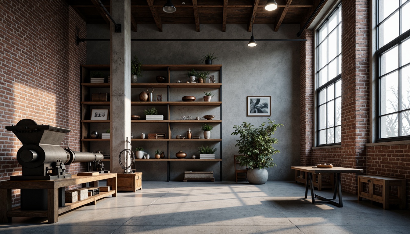 Prompt: Industrial factory setting, exposed brick walls, metal beams, concrete floors, minimalist decor, functional machinery, textured surfaces, distressed wood accents, industrial lighting fixtures, urban atmosphere, cloudy day, soft diffused lighting, shallow depth of field, 1/1 composition, realistic materials, ambient occlusion.