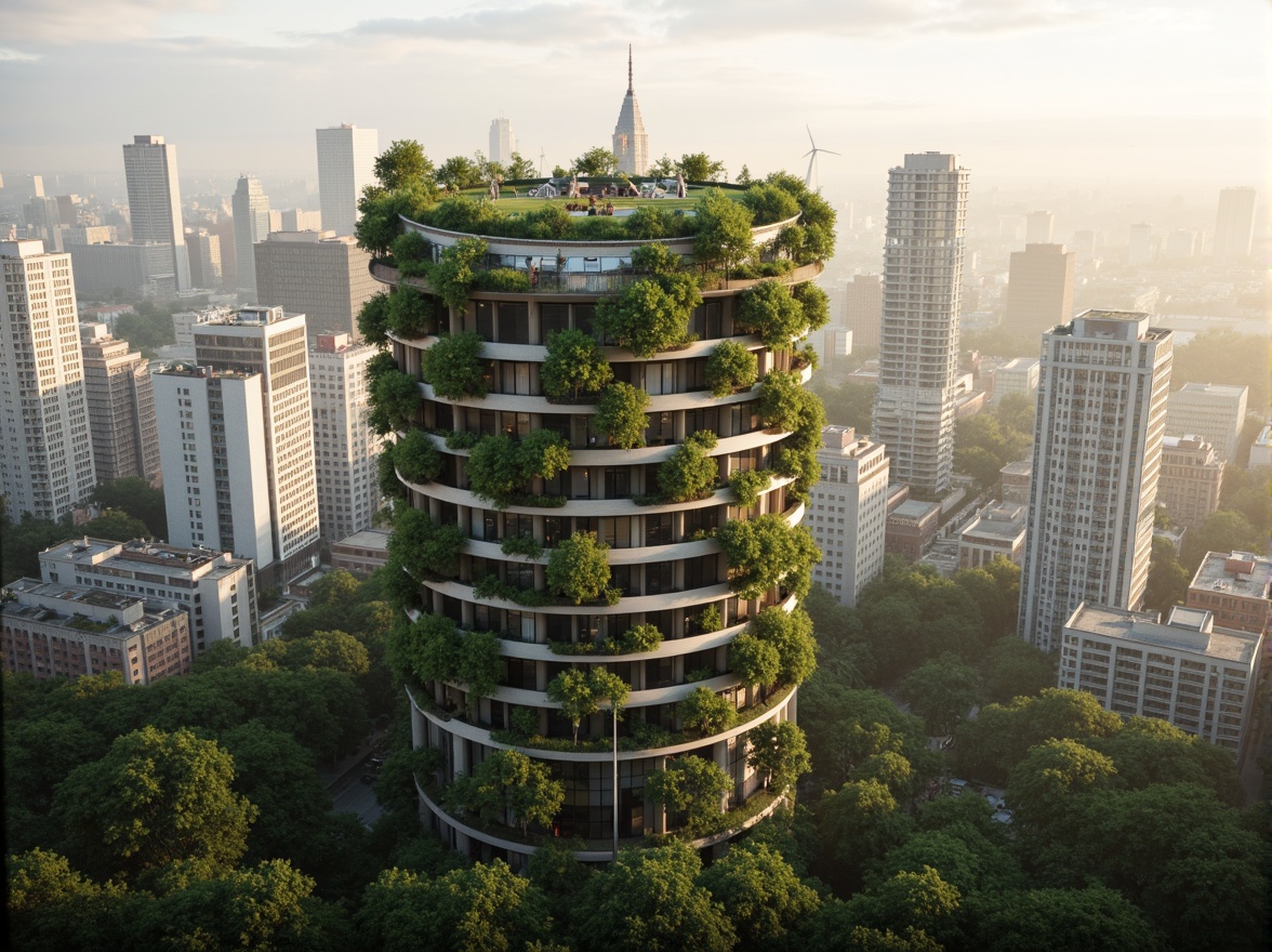 Prompt: Curved skyscraper, organic forms, lush green walls, living roofs, solar panels, wind turbines, rainwater harvesting systems, recycled materials, natural ventilation, large windows, minimal shading devices, soft diffused lighting, 1/1 composition, atmospheric perspective, realistic textures, ambient occlusion, urban jungle, bustling cityscape, morning fog, warm golden light, shallow depth of field.