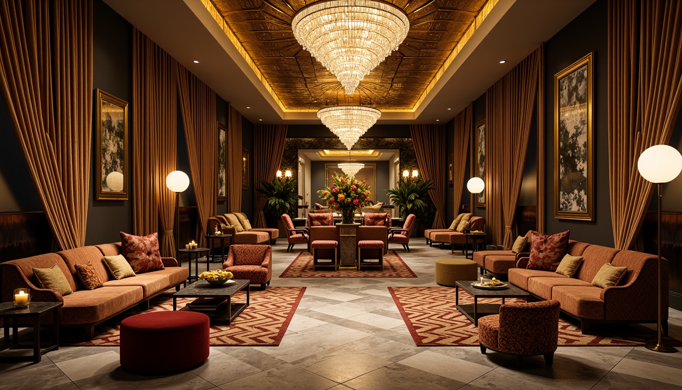 Prompt: Luxurious art deco interior, ornate geometric shapes, metallic accents, bold chevron patterns, zigzag motifs, sunburst designs, stylized florals, opulent materials, velvet drapes, marble floors, crystal chandeliers, lavish furnishings, rich jewel tones, warm golden lighting, high-contrast shadows, dramatic perspective, 1/2 composition, cinematic atmosphere, intricate textures, subtle reflections.