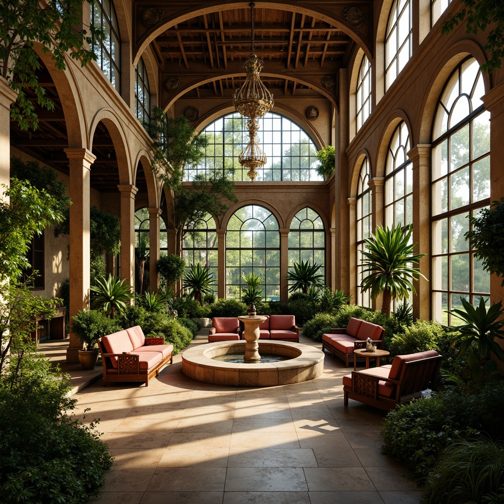 Prompt: Ornate greenhouse, lush tropical plants, delicate vines, intricate stone carvings, grandiose archways, ornamental fountains, soft natural lighting, warm golden tones, rustic wooden beams, elegant chandeliers, lavish furnishings, velvet drapes, rich textiles, Baroque-inspired patterns, curved lines, dramatic shadows, high contrast ratio, 1/2 composition, shallow depth of field, realistic reflections.