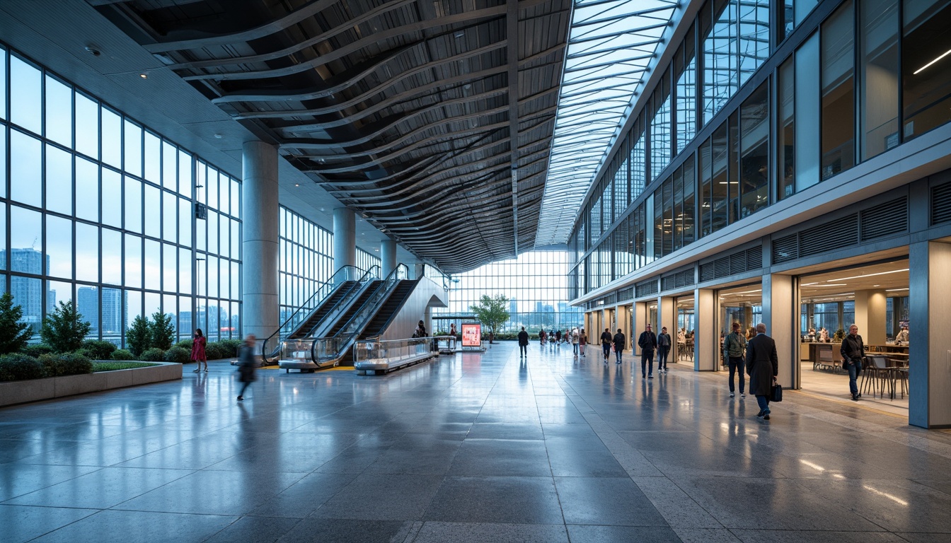 Prompt: Aerodynamic airport terminal, sleek glass fa\u00e7ade, metallic cladding, cantilevered rooflines, minimalist columns, modernist architecture, large windows, sliding doors, LED lighting systems, futuristic interior design, spacious atriums, polished marble floors, stainless steel handrails, dynamic escalators, panoramic views, shallow depth of field, 3/4 composition, realistic reflections, ambient occlusion.