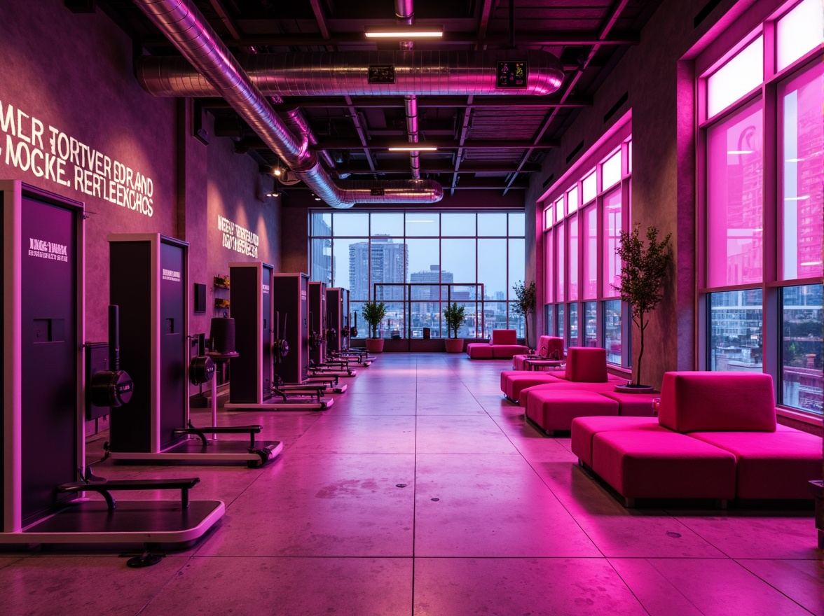 Prompt: Vibrant fuchsia accents, modern fitness club interior, sleek equipment machines, polished metal frames, bold color blocking, dynamic lighting effects, high-energy atmosphere, motivational quotes, urban cityscape views, floor-to-ceiling windows, industrial-chic concrete floors, minimalist decor, futuristic LED installations, neon-lit corridors, energetic workout zones, state-of-the-art sound systems, trendy lounge areas, plush fuchsia upholstery, metallic silver accents, 3/4 composition, shallow depth of field, realistic textures, ambient occlusion.