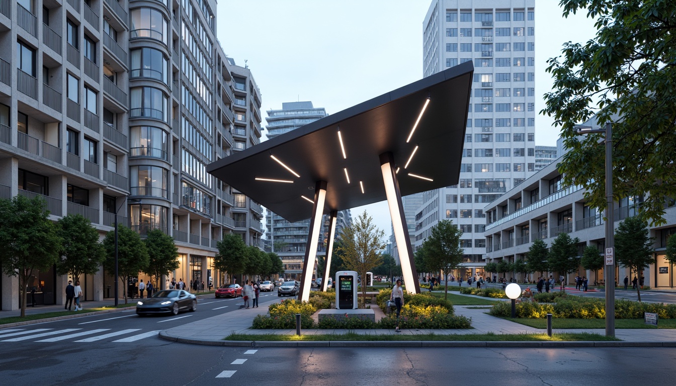 Prompt: Futuristic charging station, sleek metal canopy, LED lighting strips, modern angular architecture, sustainable energy solutions, solar panels, wind turbines, green roofs, eco-friendly materials, innovative cooling technologies, shaded outdoor spaces, misting systems, geometric patterns, vibrant colorful accents, urban cityscape, busy streets, electric vehicles, futuristic design elements, neon lights, 3/4 composition, shallow depth of field, panoramic view, realistic textures, ambient occlusion.