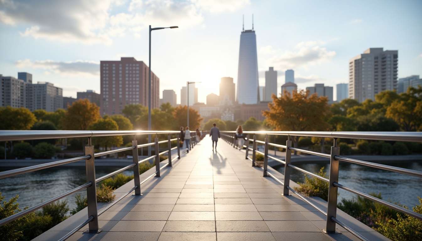 Prompt: Pedestrian bridge, sleek modern design, stainless steel railings, horizontal bars, rounded edges, safety features, anti-slip coatings, urban landscape, city skyline, sunny day, soft warm lighting, shallow depth of field, 3/4 composition, panoramic view, realistic textures, ambient occlusion.