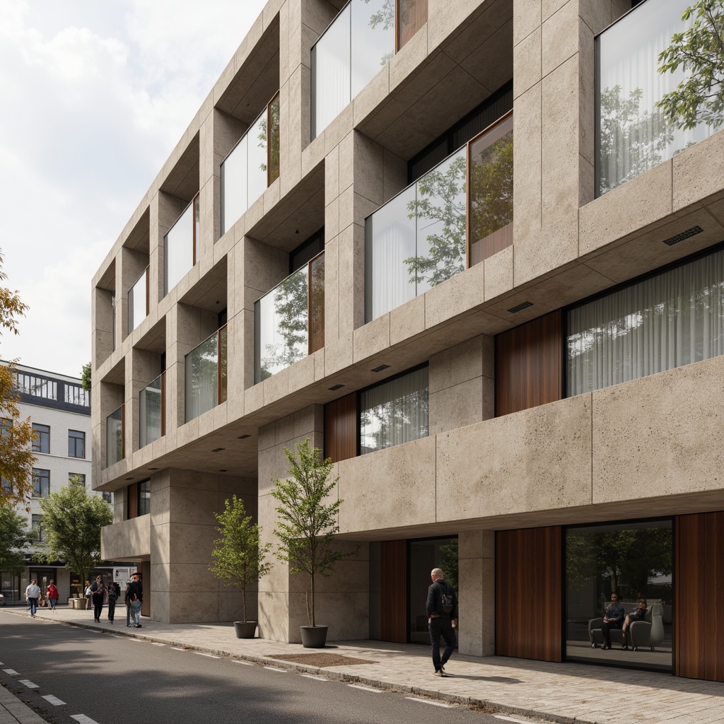 Prompt: Lavacrete building facade, rough stone texture, earthy tone, natural material, modern architecture, sleek lines, minimalist design, urban cityscape, cloudy sky, soft diffused lighting, shallow depth of field, 1/1 composition, realistic rendering, ambient occlusion.