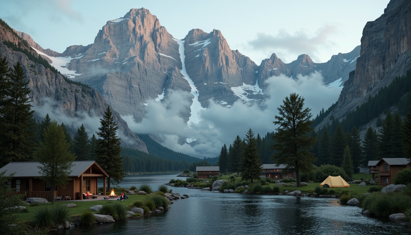 Prompt: Majestic mountain peaks, rugged rocky formations, misty foggy atmosphere, earthy brown terrain, lush green forests, sparkling waterfalls, serene lakeside, rustic wooden cabins, vintage outdoor gear, warm campfire lighting, soft misty morning, cinematic 2.35