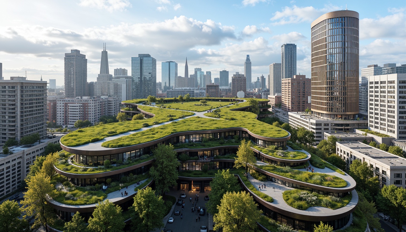 Prompt: Curved green roofs, lush vertical gardens, solar panels, wind turbines, rainwater harvesting systems, recycled metal cladding, low-carbon concrete structures, energy-efficient glazing, double-skin facades, natural ventilation systems, biomimetic patterns, parametric design, futuristic aesthetic, urban skyscraper, bustling cityscape, cloudy blue sky, warm soft lighting, shallow depth of field, 1/1 composition, realistic textures, ambient occlusion.