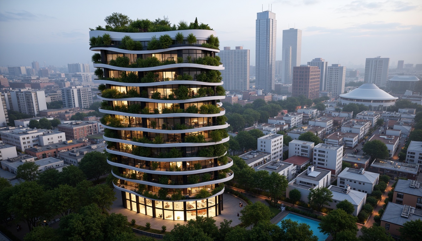 Prompt: Curved skyscraper, organic forms, lush green walls, living roofs, solar panels, wind turbines, rainwater harvesting systems, recycled materials, natural ventilation, large windows, minimal shading devices, soft warm lighting, shallow depth of field, 3/4 composition, panoramic view, realistic textures, ambient occlusion, urban jungle, bustling cityscape, morning fog, misty atmosphere, vibrant city lights, eclectic neighborhood, artistic street art.