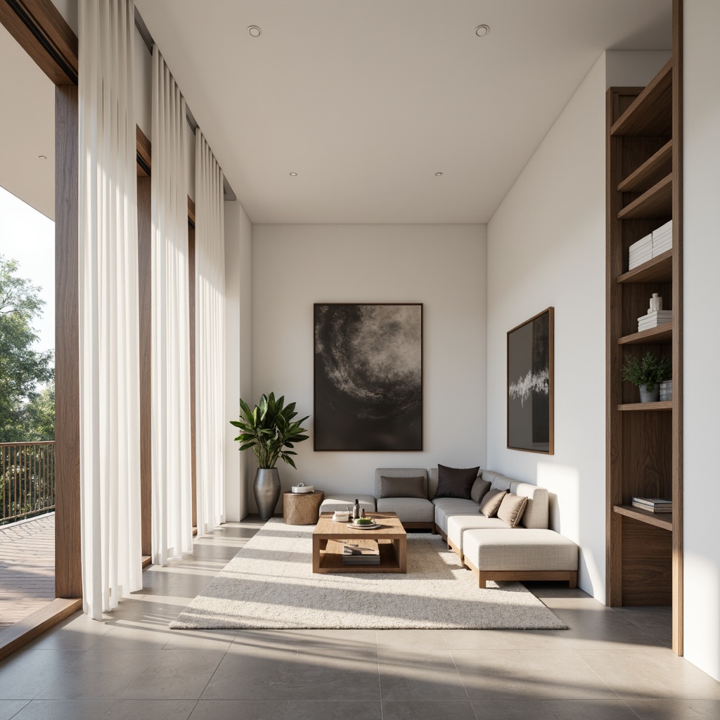 Prompt: Monochromatic modern interior, sleek lines, minimalist decor, neutral color scheme, creamy whites, soft grays, taupe accents, rich wood tones, metallic finishes, subtle texture contrasts, ambient lighting, shallow depth of field, 1/1 composition, realistic renderings, atmospheric perspective.