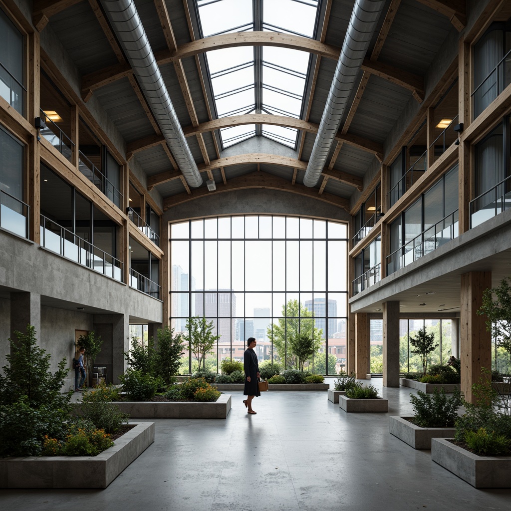 Prompt: Industrial factory setting, minimalist aesthetic, exposed ductwork, polished concrete floors, reclaimed wood accents, eco-friendly materials, recycled metal beams, energy-efficient lighting, large skylights, natural ventilation systems, green roofs, living walls, urban landscape views, cloudy day, soft diffused lighting, shallow depth of field, 1/1 composition, realistic textures, ambient occlusion.