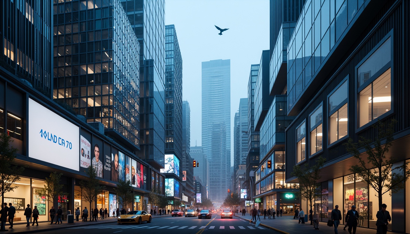 Prompt: Futuristic cityscape, sleek skyscrapers, iridescent glass facades, metallic frames, neon lights, holographic advertisements, bustling streets, flying cars, robotic pedestrians, cyberpunk atmosphere, misty evening, soft blue lighting, shallow depth of field, 1/1 composition, panoramic view, realistic reflections, ambient occlusion.