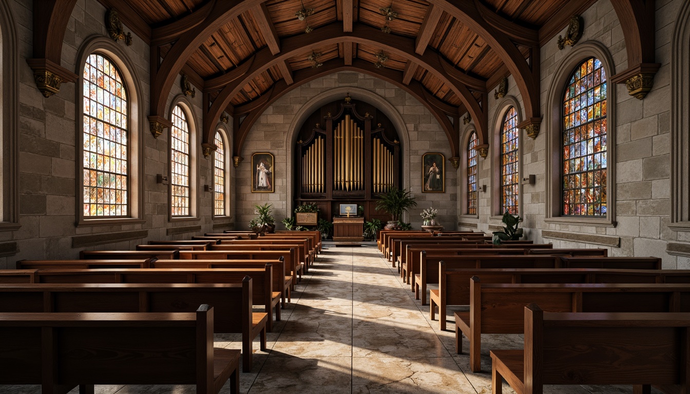 Prompt: Ancient stone walls, ornate wooden pews, stained glass windows, intricate marble floors, rustic brick arches, vaulted ceilings, grandiose pipe organs, luxurious velvet drapes, weathered copper roofs, distressed wood accents, smooth limestone columns, ornamental metalwork, mystical ambiance, warm soft lighting, high contrast ratio, dramatic shadows, 1/2 composition, symmetrical framing, realistic reflections, subtle ambient occlusion.