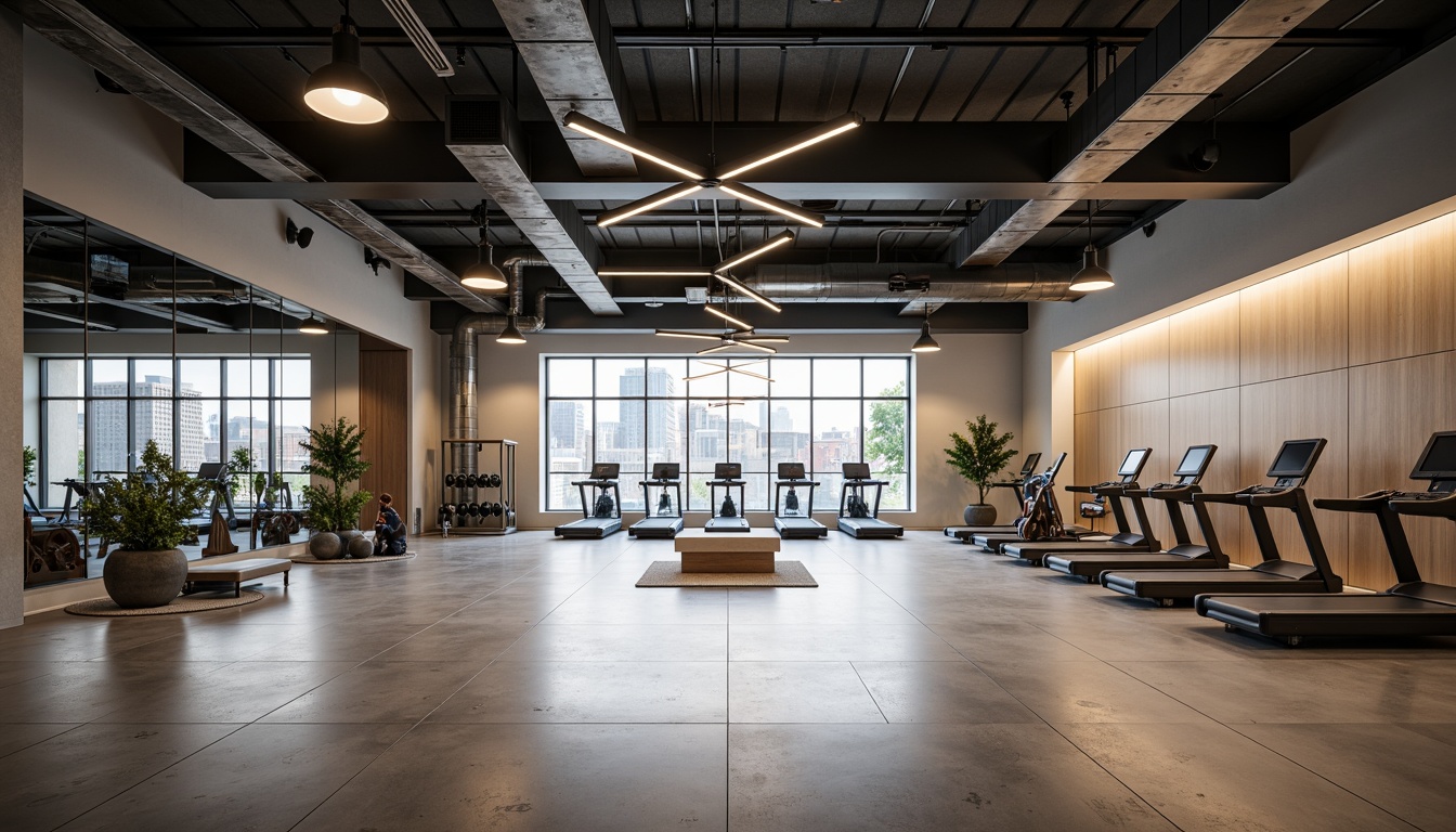 Prompt: Minimalist gymnasium interior, industrial chic aesthetic, polished concrete floors, exposed ductwork, sleek metal beams, modern LED lighting fixtures, suspended linear lamps, recessed ceiling lights, ambient indirect illumination, soft warm glow, high ceilings, large windows, natural daylight, urban cityscape views, athletic equipment, free weights, treadmills, exercise machines, mirrored walls, wooden accents, minimalist color palette, neutral tones, subtle textures, 1/1 composition, shallow depth of field, realistic reflections.