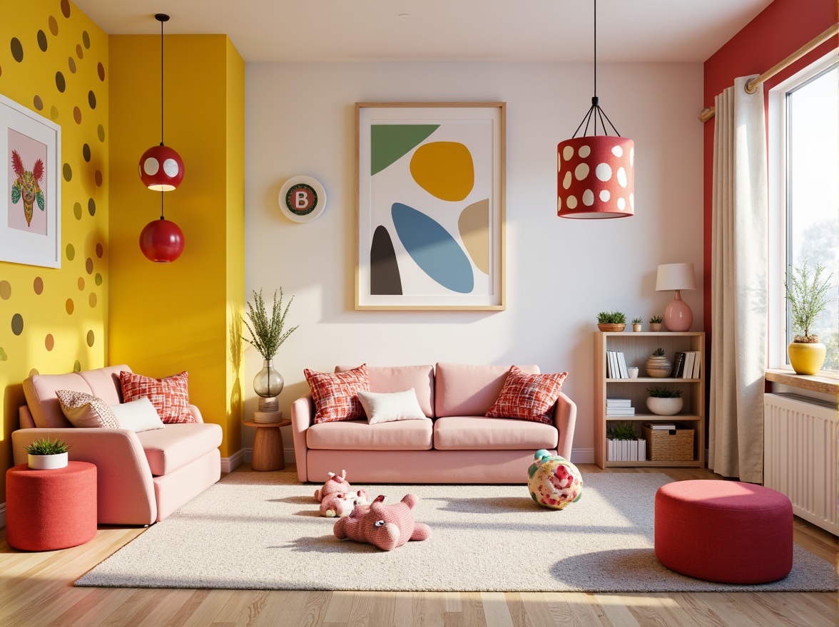 Prompt: Vibrant playroom, whimsical color accents, bold polka dots, bright yellow walls, soft pink furniture, playful geometric patterns, textured carpets, natural wood floors, modern minimalist decor, cozy reading nooks, oversized pillows, fun abstract artwork, eclectic decorative objects, warm task lighting, shallow depth of field, 1/1 composition, realistic textures, ambient occlusion.