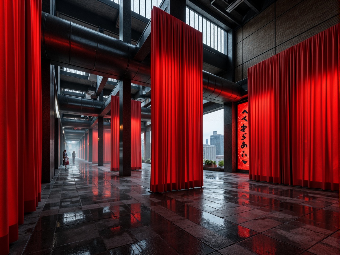 Prompt: Vibrant red curtains, bold black outlines, geometric shapes, abstract forms, avant-garde architecture, industrial materials, exposed brick walls, metallic accents, dynamic lighting, dramatic shadows, futuristic atmosphere, urban cityscape, rainy night, misty fog, cinematic mood, high-contrast colors, bold typography, constructivist patterns, fragmented compositions, overlapping planes, diagonal lines, kinetic energy, experimental spirit.